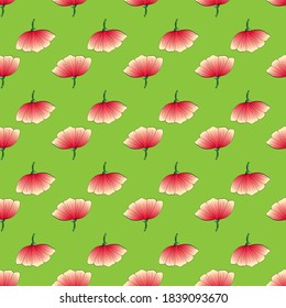 Seamless pattern with red flowers on a green background. Use for fabric, wrapping paper, wallpaper, print, backdrops, baby clothes, napkins.