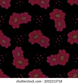 Seamless pattern with red flowers on black background. Fabric print. Vector illustration.