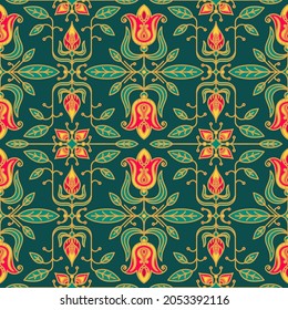 Seamless pattern of red flowers on a green background with gold in the art nouveau style.