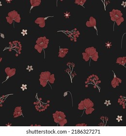 Seamless pattern with red flowers on a dark background