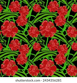 seamless pattern of red flowers on a black background, vector