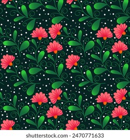 Seamless pattern with red flowers on black background. Classic pattern for fabrics, textile, wallpapers, interior designs and decorations. Bright lovely pattern for superior designs