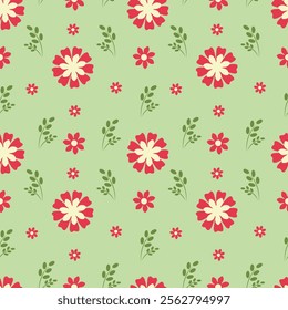 Seamless pattern with red flowers on green background