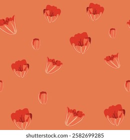 Seamless pattern with red flowers on an orange background. Floral design with red petals. Decorative red flower pattern for textiles and wallpapers. Vector background with copy space.