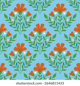 Seamless pattern with red flowers on a blue background. Vector graphics.