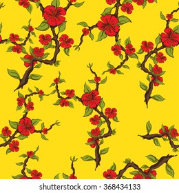 Seamless pattern of red flowers on a yellow background. Sprig of apple blossom. Blossoming apple. Cherry blossoms. Sakura. Vector illustration