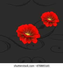 Seamless pattern with red flowers on a black background.
