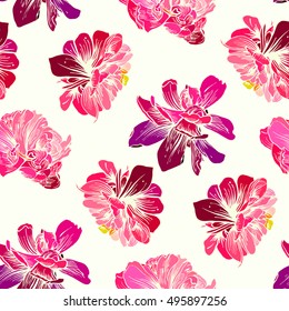 Seamless pattern with red Flowers on a white background. The drawing for light summer fabrics or wrapping paper. Hand-drawn illustration. Vector.
