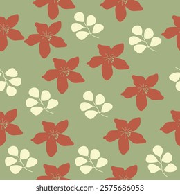 Seamless pattern with red flowers and pale yellow leaves on a light green background. Minimalistic floral design with soft contrasts