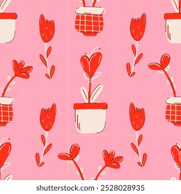 Seamless pattern with red flowers in pots on a pink checkered background. Cute hand drawn doodles. Perfect for Valentine's Day designs, gift wrapping, romantic projects.