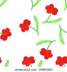 Seamless pattern: red flowers. Primitive style. Watercolor.