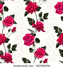 Seamless pattern of red flowers roses and leaves.