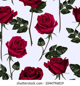 Seamless pattern of red flowers roses and leaves.