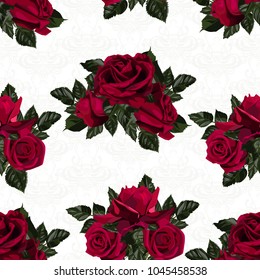 Seamless pattern of red flowers roses and leaves.