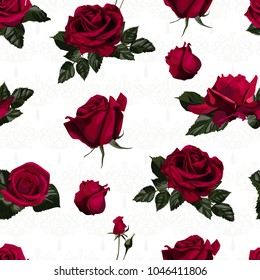 Seamless pattern of red flowers roses and leaves.