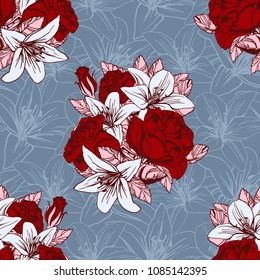 Seamless pattern of red flowers roses and leaves.