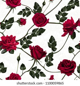 Seamless pattern of red flowers roses and leaves.