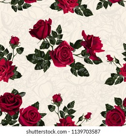 Seamless pattern of red flowers roses and leaves.