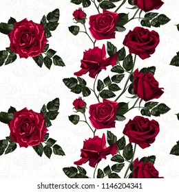 Seamless pattern of red flowers roses and leaves.