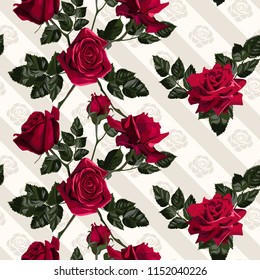 Seamless pattern of red flowers roses and leaves.