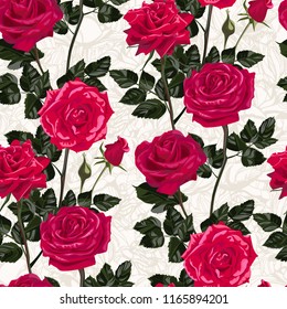 Seamless pattern of red flowers roses and leaves.