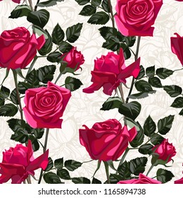 Seamless pattern of red flowers roses and leaves.