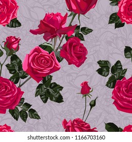 Seamless pattern of red flowers roses and leaves.