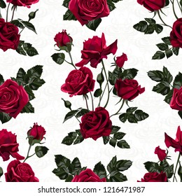 Seamless pattern of red flowers roses and leaves.