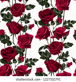 Seamless pattern of red flowers roses and leaves.