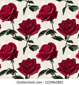 Seamless pattern of red flowers roses and leaves.