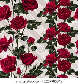 Seamless pattern of red flowers roses and leaves.