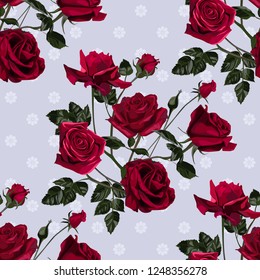 Seamless pattern of red flowers roses and leaves.