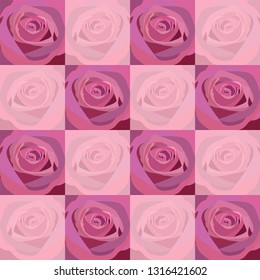 Seamless pattern of red flowers roses and leaves. Pink checkerboard from flowers