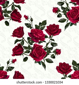 Seamless pattern of red flowers roses and leaves.