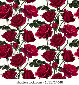 Seamless pattern of red flowers roses and leaves.