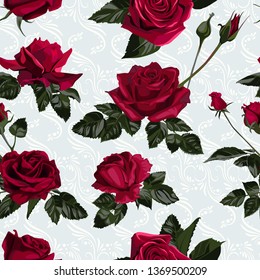 Seamless pattern of red flowers roses and leaves.