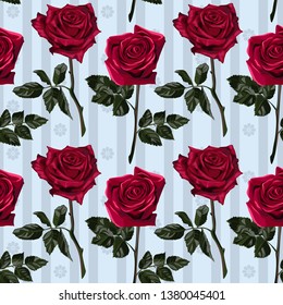 Seamless pattern of red flowers roses and leaves.