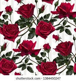 Seamless pattern of red flowers roses and leaves.