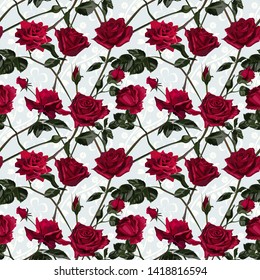 Seamless pattern of red flowers roses and leaves.