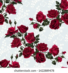 Seamless pattern of red flowers roses and leaves.