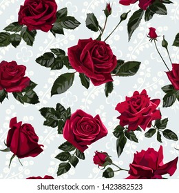 Seamless pattern of red flowers roses and leaves.