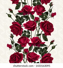 Seamless pattern of red flowers roses and leaves.