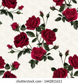 Seamless pattern of red flowers roses and leaves.