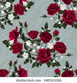 Seamless pattern of red flowers roses and white geraniums.