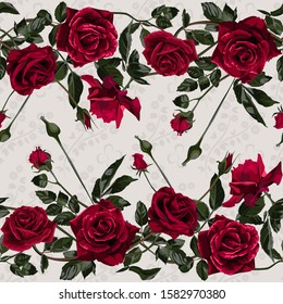 Seamless pattern of red flowers roses and leaves.