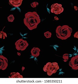 Seamless pattern of red flowers roses and leaves.