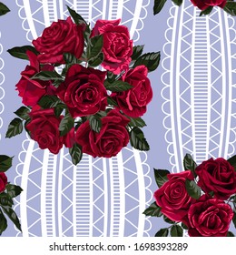 Seamless pattern of red flowers roses and leaves.