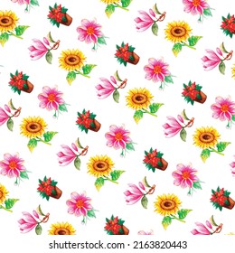 Seamless pattern of red flowers roses and leaves. 