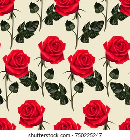 Seamless pattern of red flowers roses and leaves.