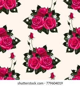 Seamless pattern of red flowers roses and leaves.